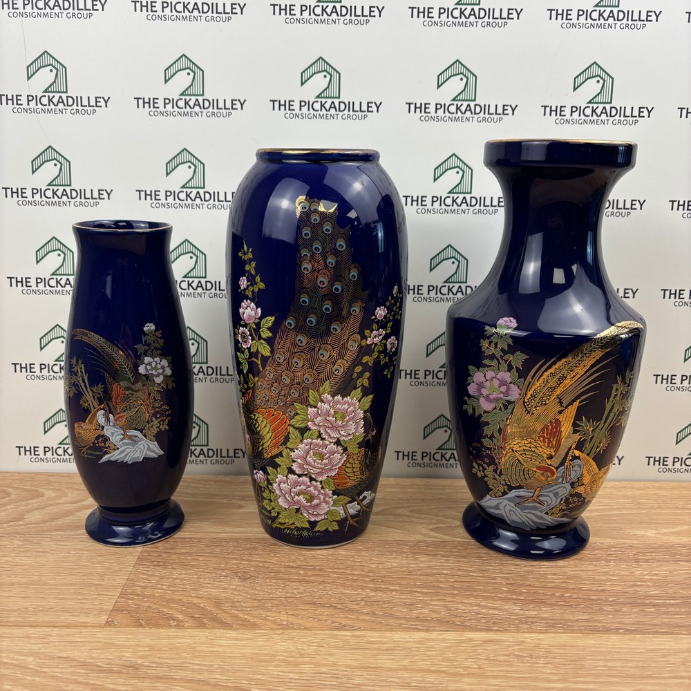 Vintage Japanese Cobalt Blue Porcelain Vase Set 3pc Peacock Pheasant Gold Gilt